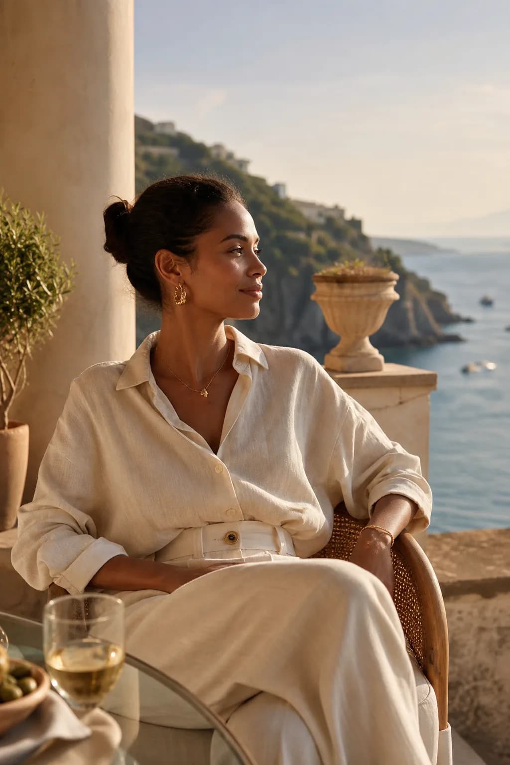 Eine Woman of Color genießt einen kultivierten luxuriösen Küstenlebensstil bei Sonnenuntergang