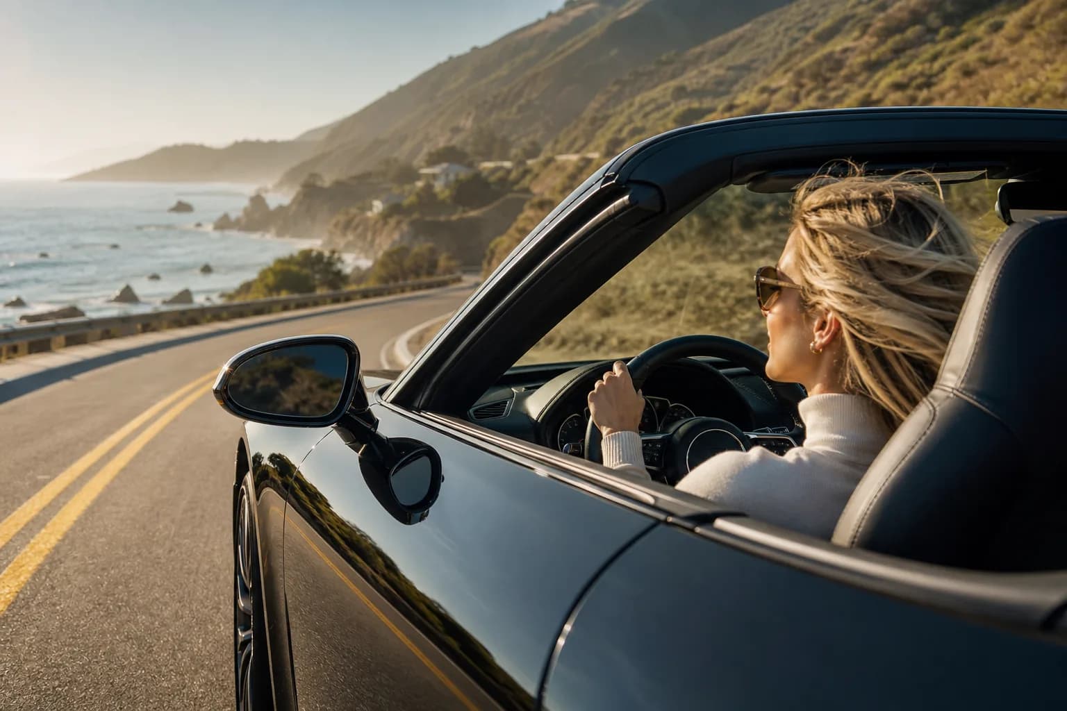 Eine Frau fährt einen luxuriösen Sportwagen auf einer malerischen amerikanischen Küstenstraße