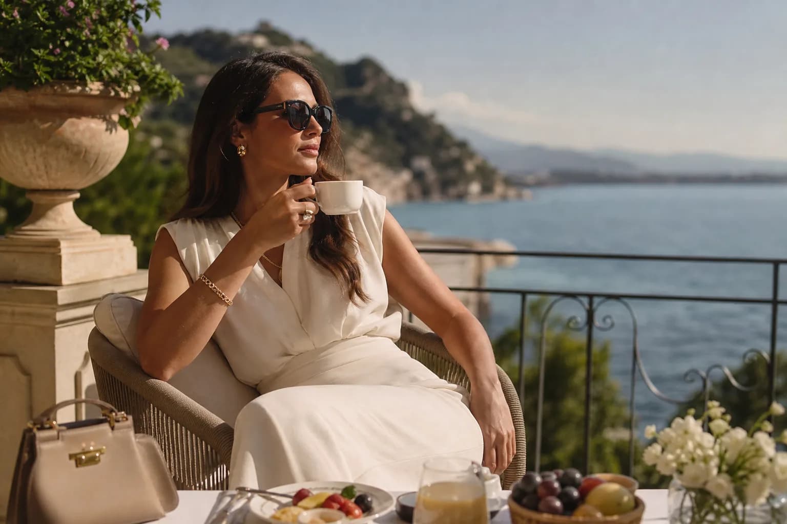 Eine Frau genießt ein entspanntes luxuriöses Frühstück mit Blick aufs Meer